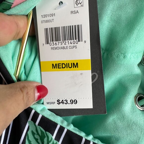 👙Mossimo One Piece Swimsuit Sz M Women Bathing suit Multi Stripe Roses Black - Picture 5 of 8